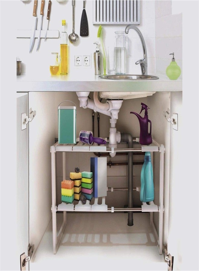 INOVERA (LABEL) Plastic 2 Tier Pool Space Under Sink Storage Organizer - Adjustable Kitchen Rack Holder - Expandable Cabinet Shelf (50-68L x 25B x 41.5H cm, White) - Image 5